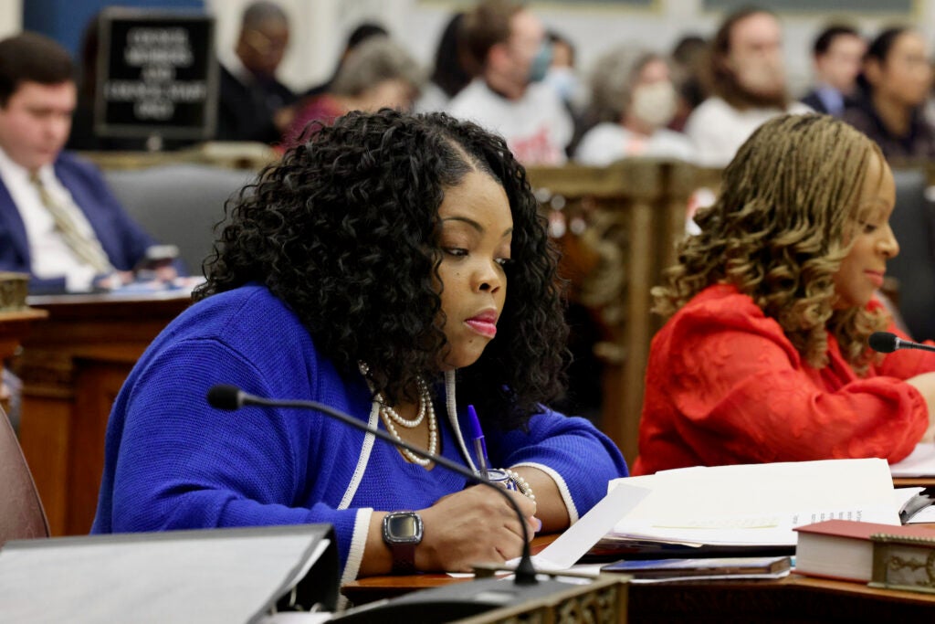 Philadelphia City Councilmember Katherine Gilmore Richardson at her desk in City Council chambers