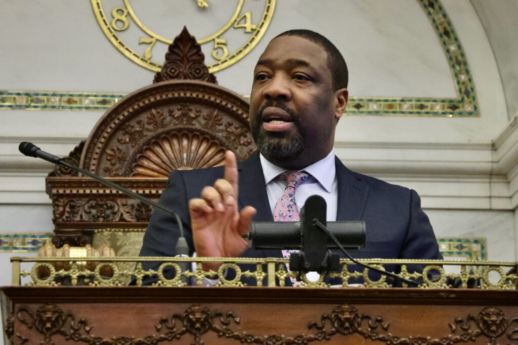 Philadelphia City Council President Kenyatta Johnson gestures as he speaks at the podium at City Council chambers at City Hall