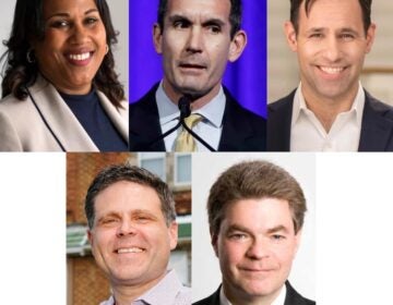 Democratic candidates for Pennsylvania Attorney General, January 2024. From left, top row, Keir Bradford-Grey, Eugene DePasquale, Joe Kahn. Bottom row, Jared Solomon, Jack Stollsteimer.