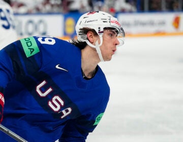 United States Cutter Gauthier reacts during the group A match between United States and France at the ice hockey world championship in Tampere, Finland, Sunday, May 21, 2023.
