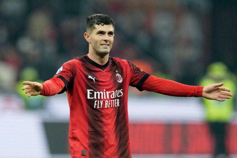 AC Milan's Christian Pulisic smiles at the end of the Serie A soccer match between AC Milan and Sassuolo at the San Siro stadium, in Milan, Italy, Saturday, Dec. 30, 2023. Pulisic scored the goal in Milan's 1-0 win.