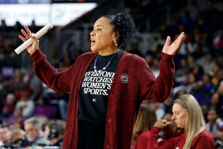 South Carolina head coach Dawn Staley coaches from the sideline against East Carolina during the second half of an NCAA college basketball game, Saturday, Dec. 30, 2023, in Greenville, N.C.