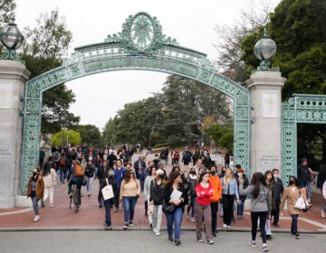 Students walk through a gate on University of California Berkely's campus