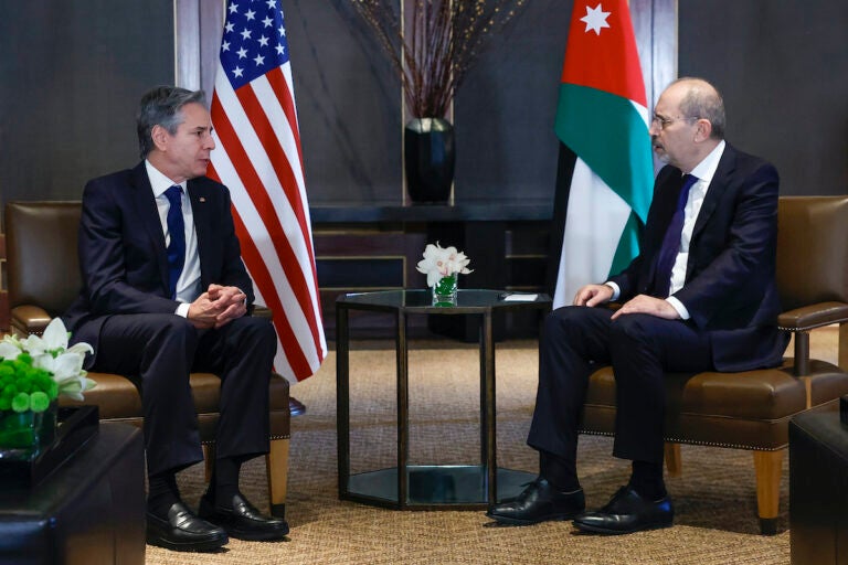 U.S. Secretary of State Antony Blinken (left) meets with Jordanian Foreign Minister Ayman Safadi in Amman, Jordan Sunday, Jan. 7, 2024.