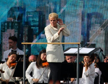 Marin Alsop conducts the New York Philharmonic orchestra at We Love NYC: The Homecoming Concert at The Great Lawn in Central Park in New York on Aug. 21, 2021.