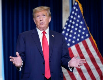 Former President Donald Trump speaks to the media at a Washington hotel, Tuesday, Jan. 9, 2024, after attending a hearing before the D.C. Circuit Court of Appeals at the federal courthouse in Washington.