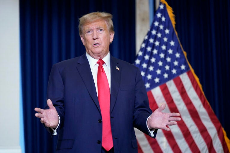 Former President Donald Trump speaks to the media at a Washington hotel, Tuesday, Jan. 9, 2024, after attending a hearing before the D.C. Circuit Court of Appeals at the federal courthouse in Washington.