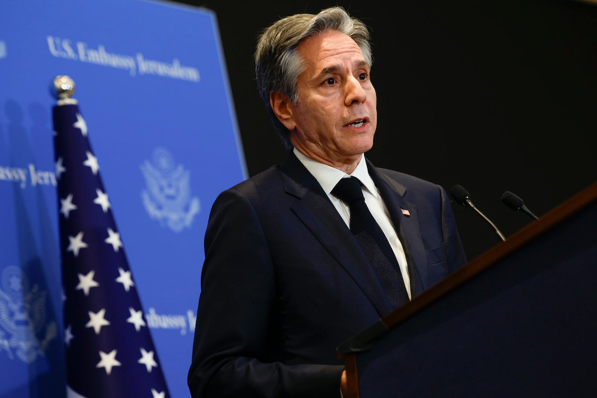 U.S. Secretary of State Antony Blinken answers questions during a press conference in Tel Aviv, Israel, Tuesday, Jan. 9, 2024. (Evelyn Hockstein/Pool Photo via AP)