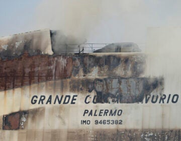 File photo: Emergency personnel battle against a fire aboard the Italian-flagged Grande Costa d'Avorio cargo ship at the Port of Newark, Friday, July 7, 2023, in Newark, N.J. On Wednesday, Jan. 10, 2024, the U.S. Coast Guard and the National Transportation Safety Board began a series of investigative hearings into the cause of the fire, and plan to issue recommendations to avoid similar incidents in the future.