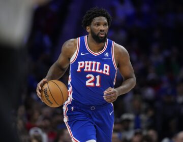 Philadelphia 76ers' Joel Embiid plays during an NBA basketball game, Monday, Jan. 15, 2024, in Philadelphia.