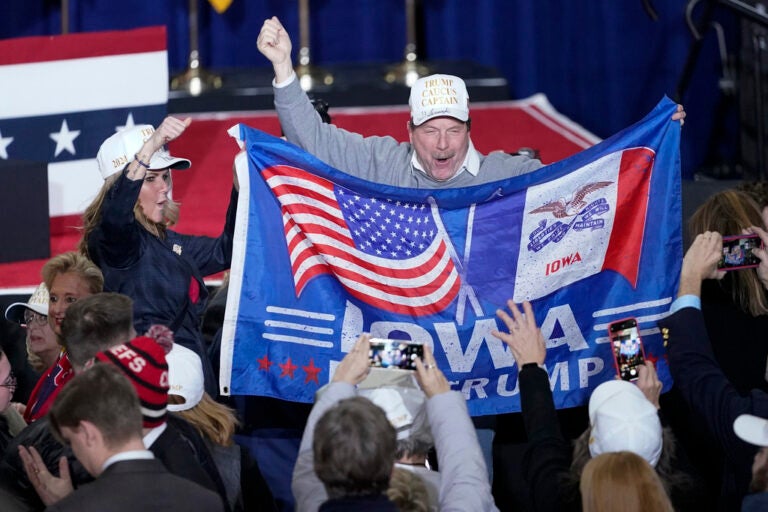 Supporters cheer before Republican presidential candidate former President Donald Trump speaks at a caucus night party in Des Moines, Iowa, Monday, Jan. 15, 2024.(AP Photo/Pablo Martinez Monsivais)