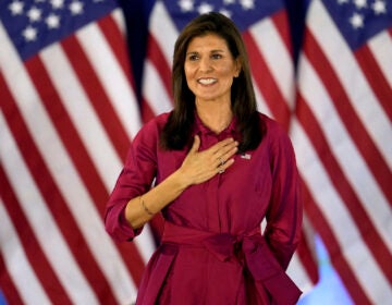 Republican presidential candidate former UN Ambassador Nikki Haley gestures to the audience as she concludes a speech at a caucus night party at the Marriott Hotel in West Des Moines, Iowa, Monday, Jan. 15, 2024.