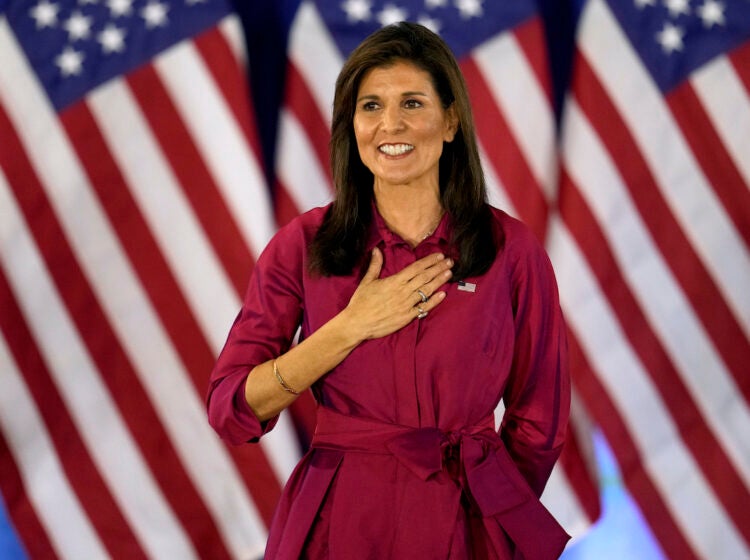 Republican presidential candidate former UN Ambassador Nikki Haley gestures to the audience as she concludes a speech at a caucus night party at the Marriott Hotel in West Des Moines, Iowa, Monday, Jan. 15, 2024.