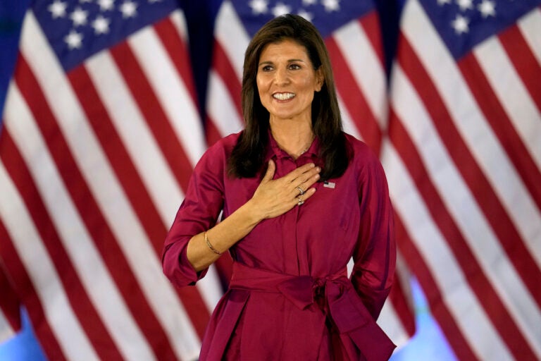 Republican presidential candidate former UN Ambassador Nikki Haley gestures to the audience as she concludes a speech at a caucus night party at the Marriott Hotel in West Des Moines, Iowa, Monday, Jan. 15, 2024.