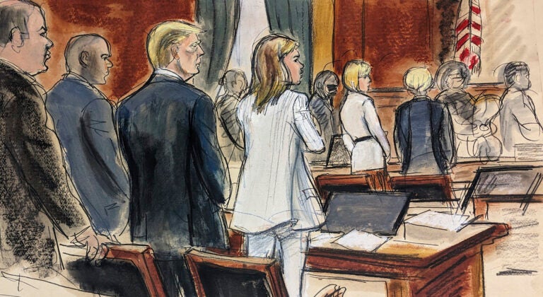 In this courtroom sketch, prospective jurors file into the courtroom as Donald Trump (third left) stands surrounded by his defense team. Alina Habba (fourth left) Trump's lead defense attorney, stands beside him. E. Jean Carroll (background second from right) stands with her attorney Roberta Kaplan, Tuesday, Jan. 16, 2024, in New York.
