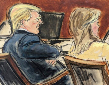 In this courtroom sketch, Donald Trump sits with arms folded beside his attorney, Alina Habba in Federal Court, in New York, Wednesday, Jan. 17, 2024. Trump was threatened with expulsion from his Manhattan civil trial Wednesday after he repeatedly ignored a warning to keep quiet while writer E. Jean Carroll testified that he shattered her reputation after she accused him of sexual abuse