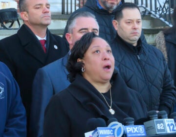 Michele Brooks, whose husband Firefighter Wayne Brooks Jr. died while fighting a cargo ship fire on July 5, 2023, in Newark, N.J. speaks at a news conference, Wednesday, Jan. 17, 2024, in Union N.J. Relatives and a firefighters union called for new leadership for the Newark Fire Department, citing the death of Brooks and fellow firefighter Augusto Acabou during a cargo ship fire on July 5, 2023.