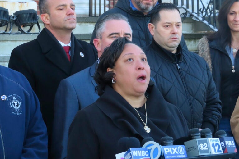 Michele Brooks, whose husband Firefighter Wayne Brooks Jr. died while fighting a cargo ship fire on July 5, 2023, in Newark, N.J. speaks at a news conference, Wednesday, Jan. 17, 2024, in Union N.J. Relatives and a firefighters union called for new leadership for the Newark Fire Department, citing the death of Brooks and fellow firefighter Augusto Acabou during a cargo ship fire on July 5, 2023.