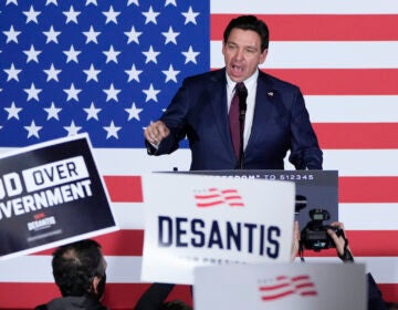 Republican presidential candidate Florida Gov. Ron DeSantis speaks to supporters during a caucus night party, Jan. 15, 2024, in West Des Moines, Iowa.