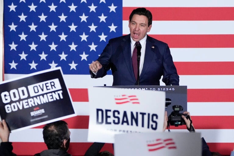 Republican presidential candidate Florida Gov. Ron DeSantis speaks to supporters during a caucus night party, Jan. 15, 2024, in West Des Moines, Iowa.
