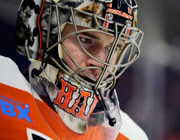 Philadelphia Flyers' goaltender Carter Hart in action during an NHL hockey game against the Colorado Avalanche, Saturday, Jan. 20, 2024, in Philadelphia.