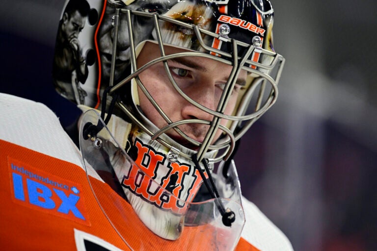 Philadelphia Flyers' goaltender Carter Hart in action during an NHL hockey game against the Colorado Avalanche, Saturday, Jan. 20, 2024, in Philadelphia.