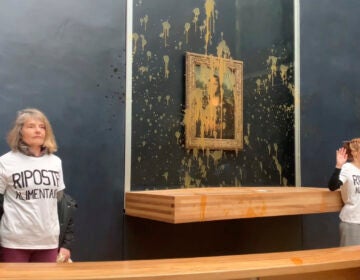 In this grab taken from video, activists gesture after throwing soup at the glass protecting the Mona Lisa, at the Louvre Museum, in Paris, Sunday. Jan. 28, 2024, shouting slogans advocating for a sustainable food system.