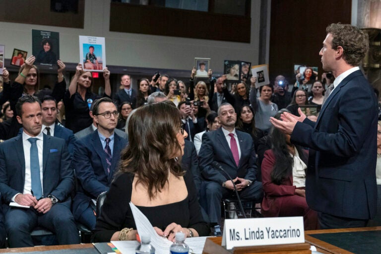 Meta CEO Mark Zuckerberg turns to address the audience during a Senate Judiciary Committee hearing on Capitol Hill in Washington, Wednesday, Jan. 31, 2024, to discuss child safety. X CEO Linda Yaccarino watches at left.