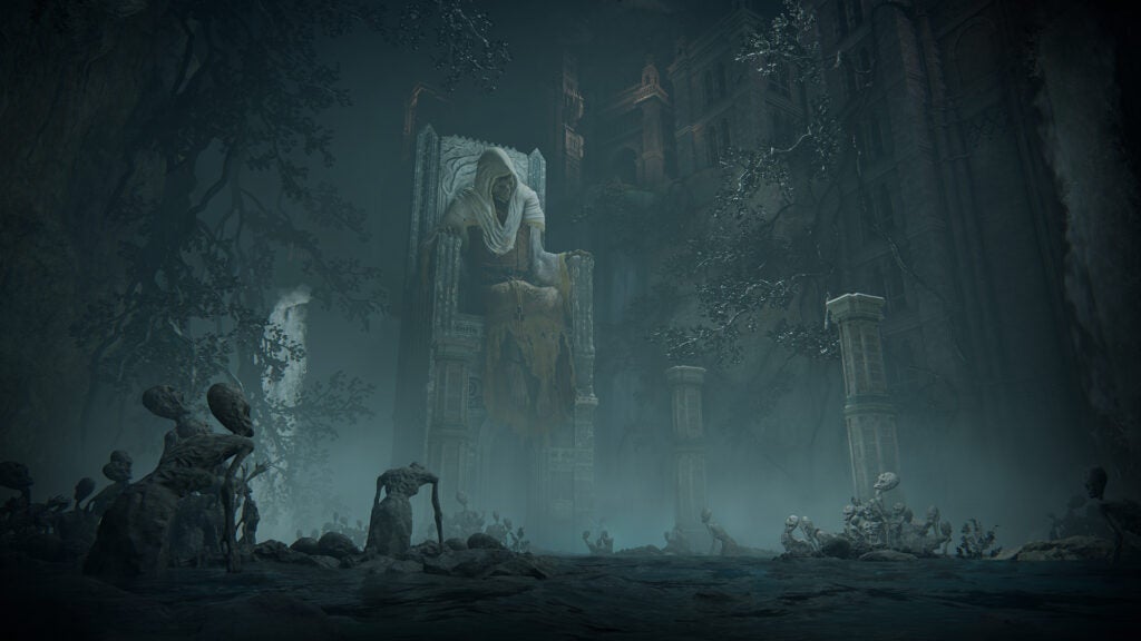 L’image montre le paysage d’une ville souterraine, avec un squelette géant assis sur un trône de la hauteur d’un bâtiment. 