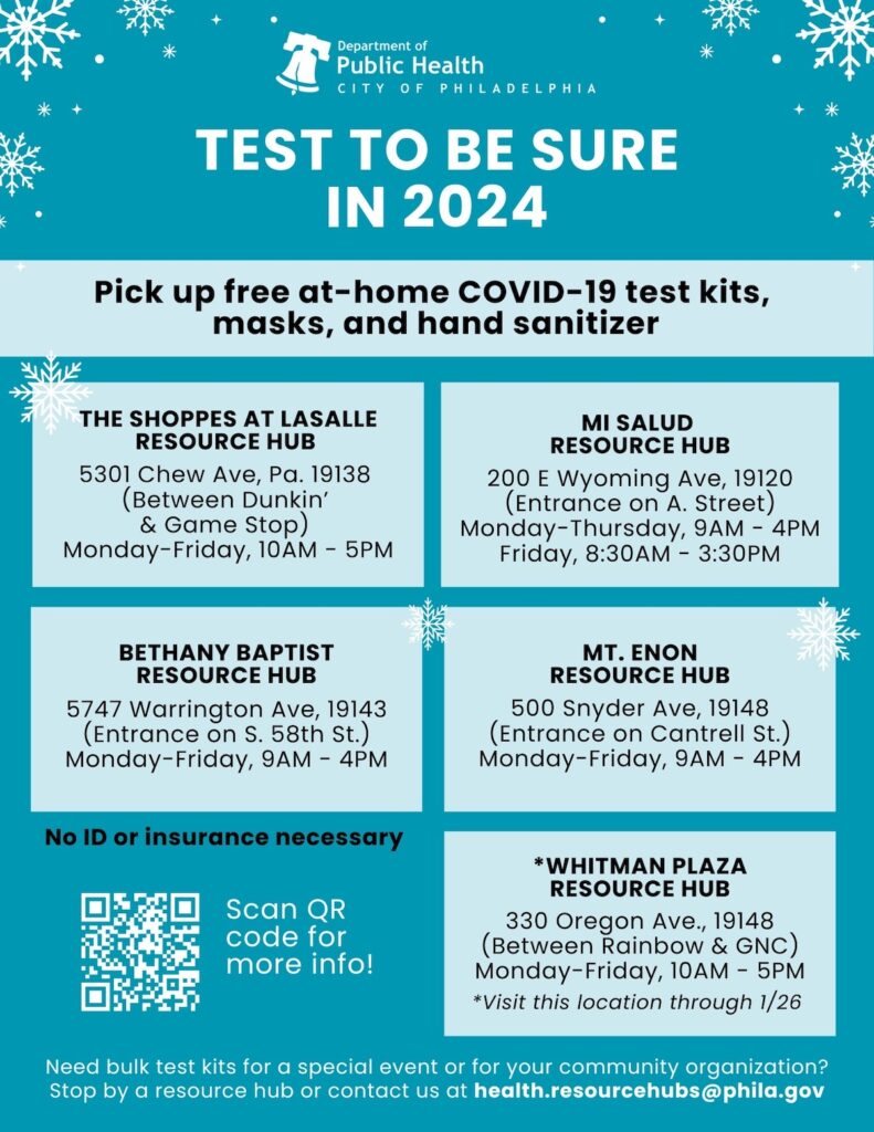 A poster lists places to pick up free at-home COVID-19 test kits, masks, and hand sanitizer in Philadelphia