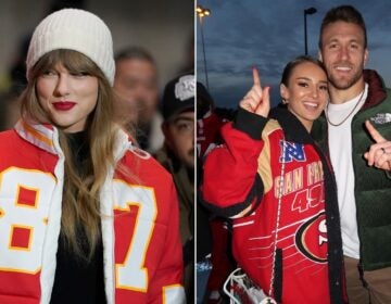Taylor Swift (left) wears a Kansas City Chiefs tight end Travis Kelce jacket as she arrives before an NFL wild-card playoff football game between the Chiefs and the Miami Dolphins Saturday, Jan. 13, 2024, in Kansas City, Mo. Kristin Juszczyk (right with husband 49ers fullback Kyle Juszczyk) designed the jacket.