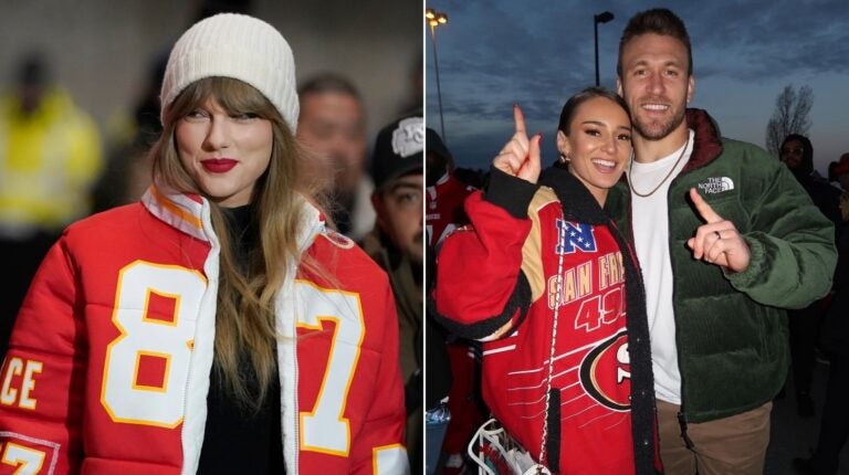 Taylor Swift (left) wears a Kansas City Chiefs tight end Travis Kelce jacket as she arrives before an NFL wild-card playoff football game between the Chiefs and the Miami Dolphins Saturday, Jan. 13, 2024, in Kansas City, Mo. Kristin Juszczyk (right with husband 49ers fullback Kyle Juszczyk) designed the jacket.