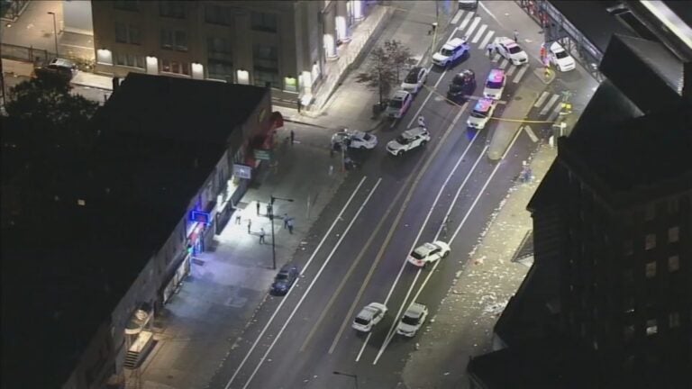 An aerial view of police presence at the site of a shooting