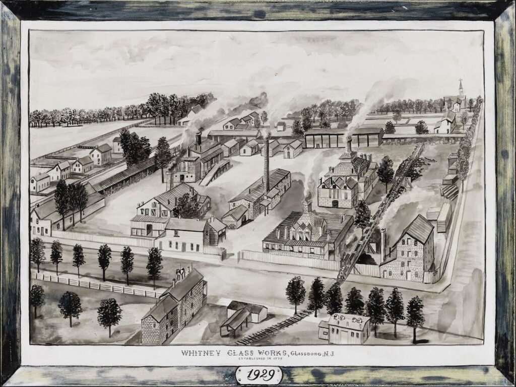 A painting from an aerial view perspective of the former Glass Works in South Jersey