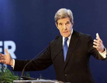 US climate envoy John Kerry delivers a speech during a discussion about oceans and water at the US pavillon in the Sharm el-Sheikh International Convention Centre, in Egypt's Red Sea resort city of the same name, during the COP27 climate conference on November 15, 2022.