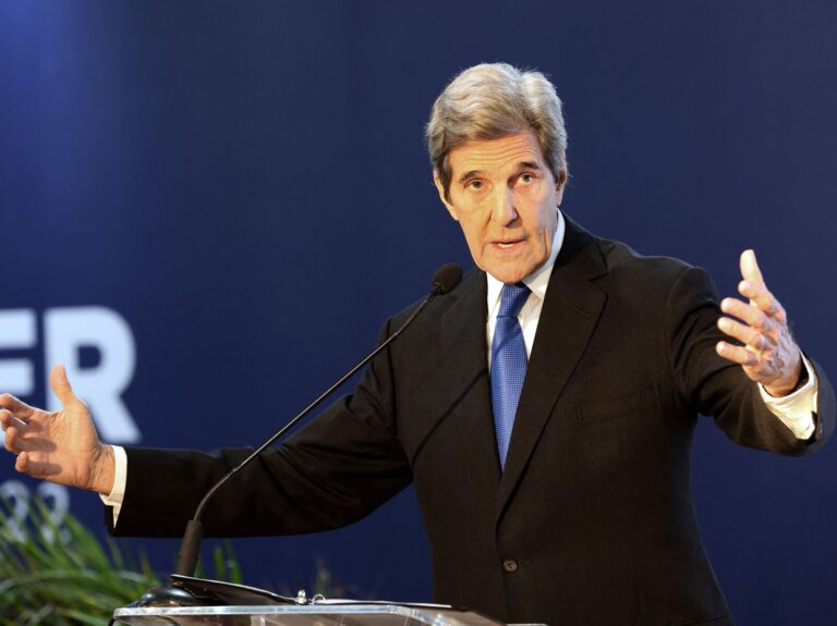 US climate envoy John Kerry delivers a speech during a discussion about oceans and water at the US pavillon in the Sharm el-Sheikh International Convention Centre, in Egypt's Red Sea resort city of the same name, during the COP27 climate conference on November 15, 2022.