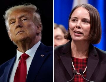 Maine Secretary of State Shenna Bellows (right) ruled former President Donald Trump can't appear on the state's 2024 Republican primary ballot. (Drew Angerer/Getty Images, Robert F. Bukaty/AP)
