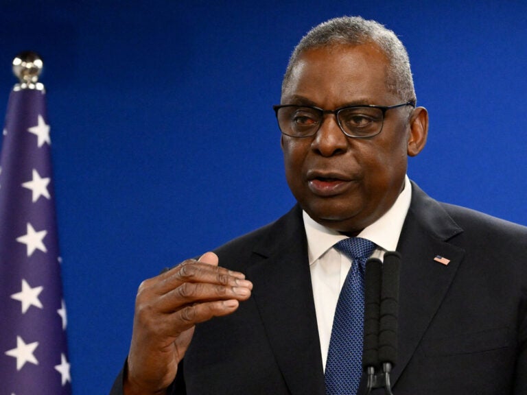 U.S. Secretary of Defence Lloyd Austin speaks during a joint press conference with Israel's defence minister, in Tel Aviv on December 18, 2023. (Photo by Alberto PIZZOLI / AFP) (Photo by ALBERTO PIZZOLI/AFP via Getty Images)
