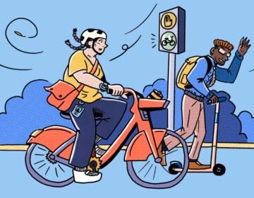 An illustration of someone on a scooter passing by someone on a bike.