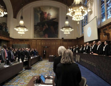 Judges and parties stand up during a hearing at the International Court of Justice in The Hague