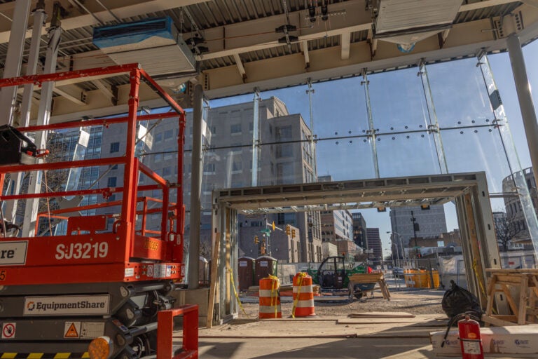 The inside of the ongoing construction of PATCO's Franklin Square station, made with bird-safe glass