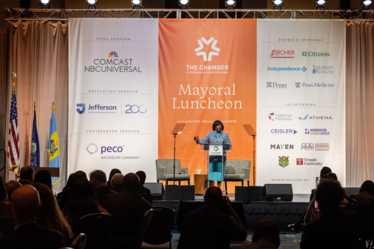 Mayor Cherelle Parker gives an official address from a stage in front of members of the Greater Philadelphia Chamber of Commerce