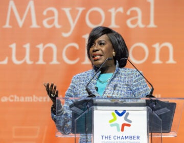 Mayor Cherelle Parker speaks at a podium.