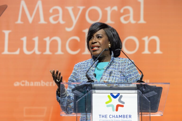 Mayor Cherelle Parker speaks at a podium.