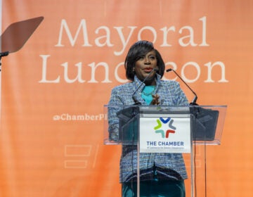Philadelphia Mayor Cherelle Parker speaks at a podium