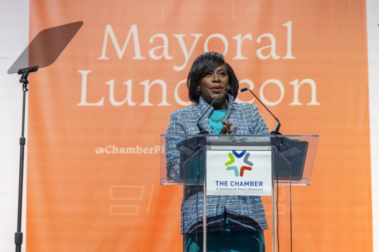 Philadelphia Mayor Cherelle Parker speaks at a podium