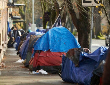 Tents line the sidewalk on SW Clay St. in downtown Portland, Oregon in December 2020. (AP Photo/Craig Mitchelldyer, File)