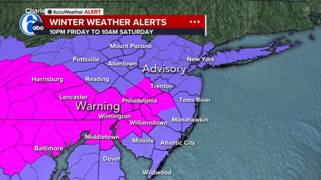 A map showing snow advisories