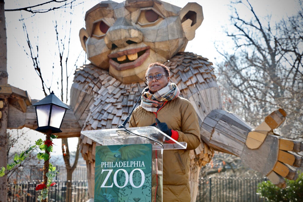 Philadelphia Zoo President and CEO Jo-Elle Mogerman speaks about the installation ''Trolls'' by Thomas Dambo.