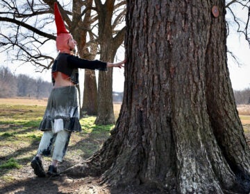 Alex Tatarsky, in gnome attire, stands next to a tree